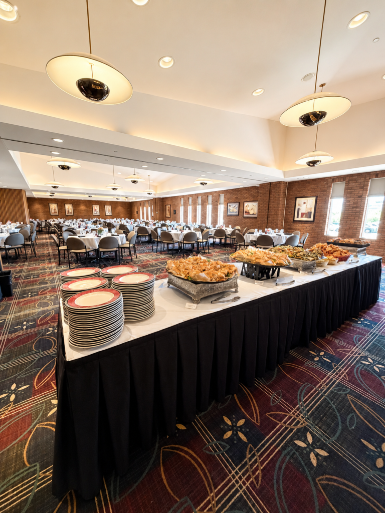 Plates and sandwiches on a buffet table in the MEC dining room.