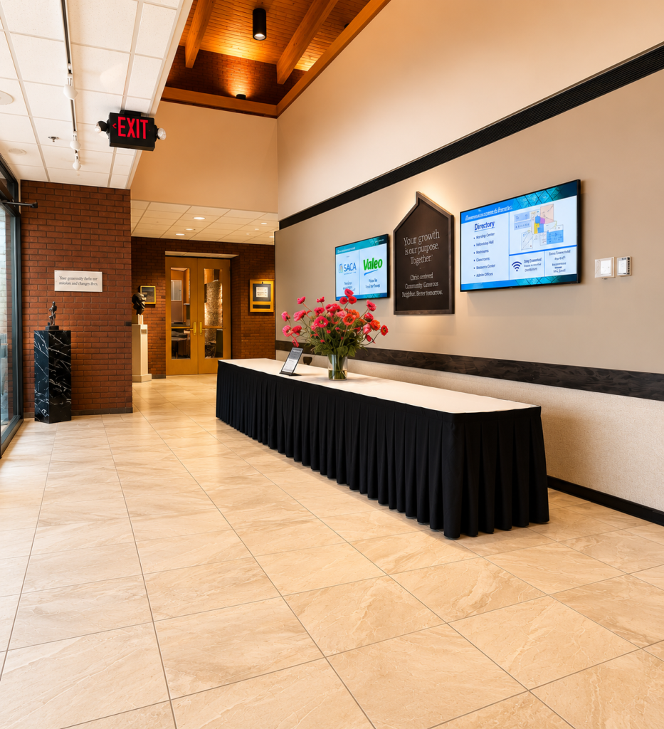 Front entrance to the MEC with a table and flowers in a vase as well as the MEC placard and two TC screens.