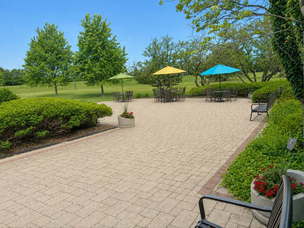 A view of the north lobby patio as you come out of the building down a brick path.