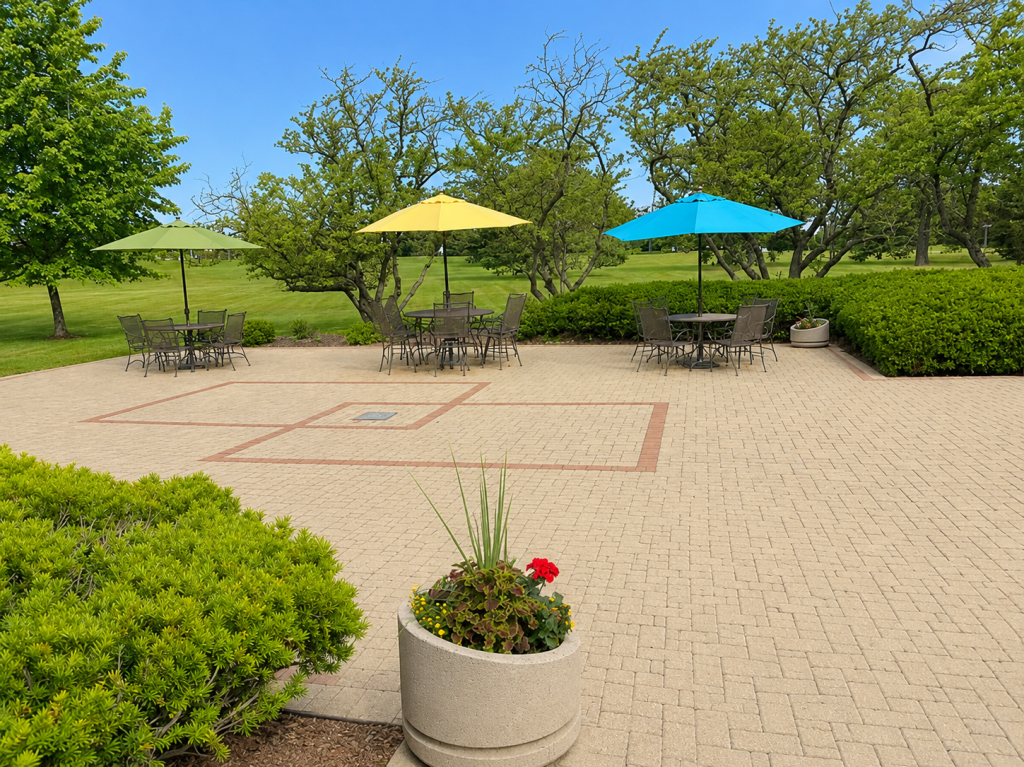 An outdoor patio area with a brick foundation and umbrellas surrounded by greenery.