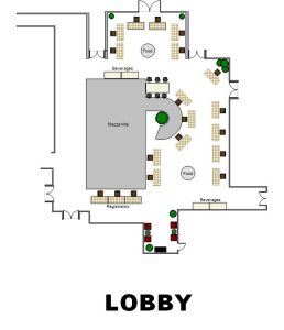 A diagram of the lobby area, showing a 19 table layout for the lobby area including 3 registration tables, 10 vendor booths, and 6 food tables.