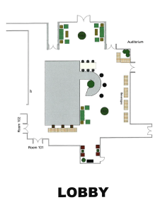 A diagram of the lobby with its standard setup including 3 tables near the front, 4 beverage tables, and an area for food in the back. 